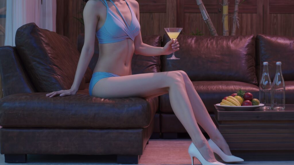 제주도 룸싸롱 비키니룸에서 비키니 차림의 여성이 테마룸 테이블 위 술과 안주를 두고 포즈를 취한 장면