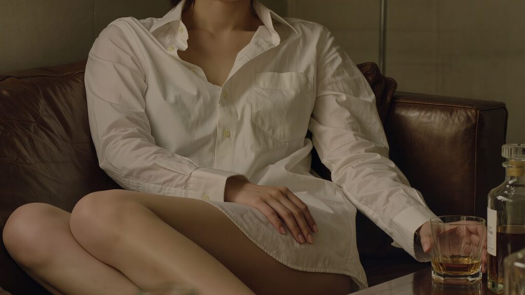 제주도 룸싸롱 셔츠룸에서 오버사이즈 셔츠를 입은 여성이 각선미를 드러내며 술을 따르는 모습